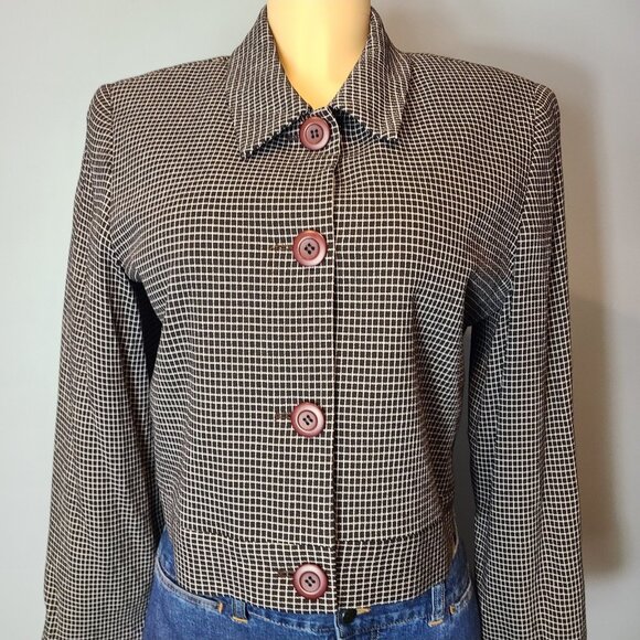 Express Vintage Womens Blazer Crop Tailored Jacket Collared Size 10 Plaid Brown - Picture 2 of 9